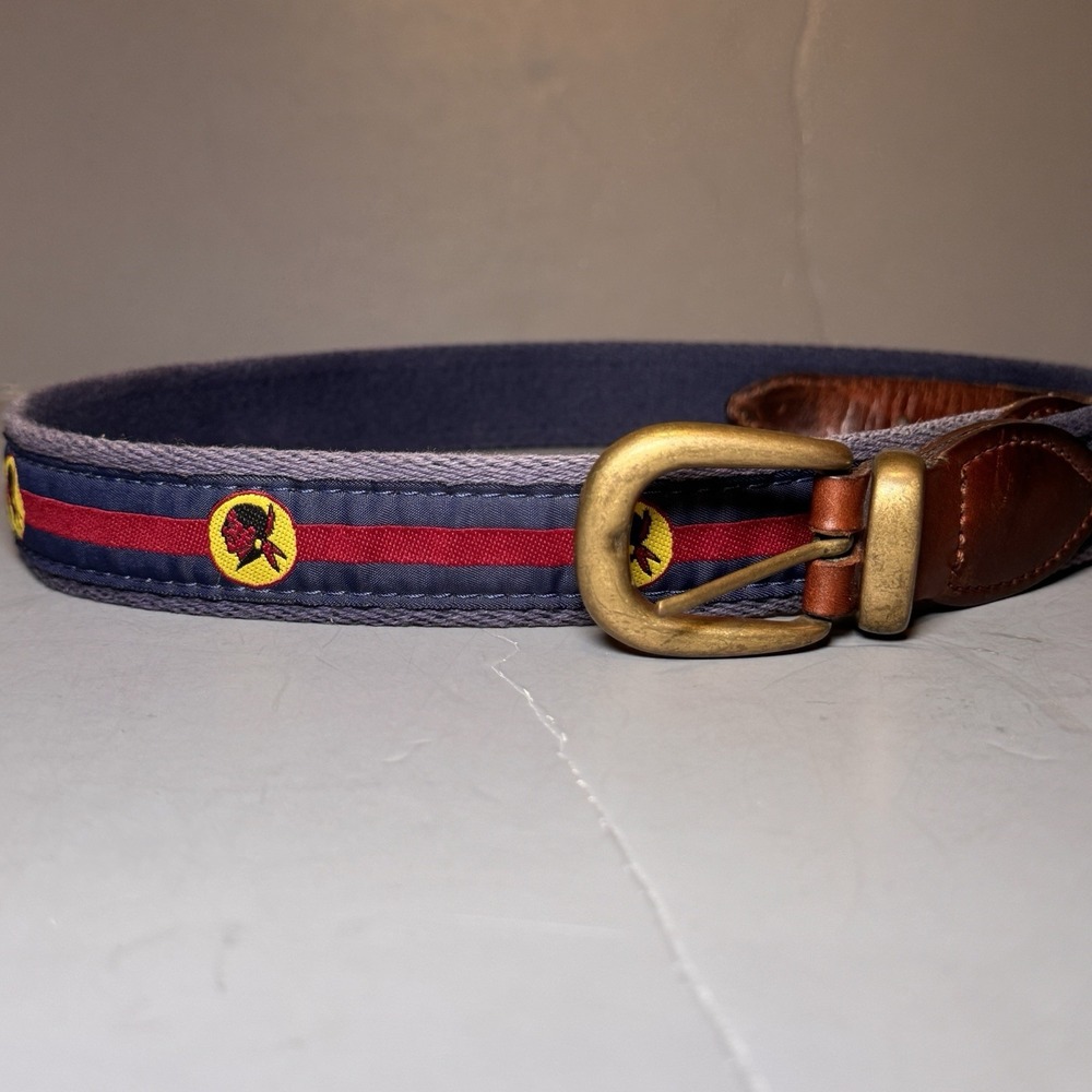 Seminole Golf Club Belt YRI Mens 34 35 Blue Embroidered Fabric Brass Leather